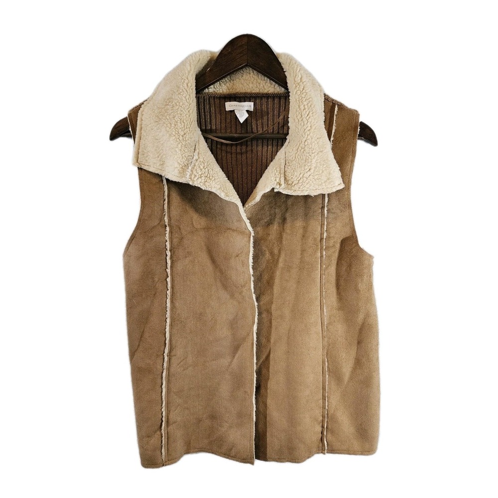 Charter Club Vest Womens Large Faux Suede Sherpa Lined Sleeveless Western Vegan